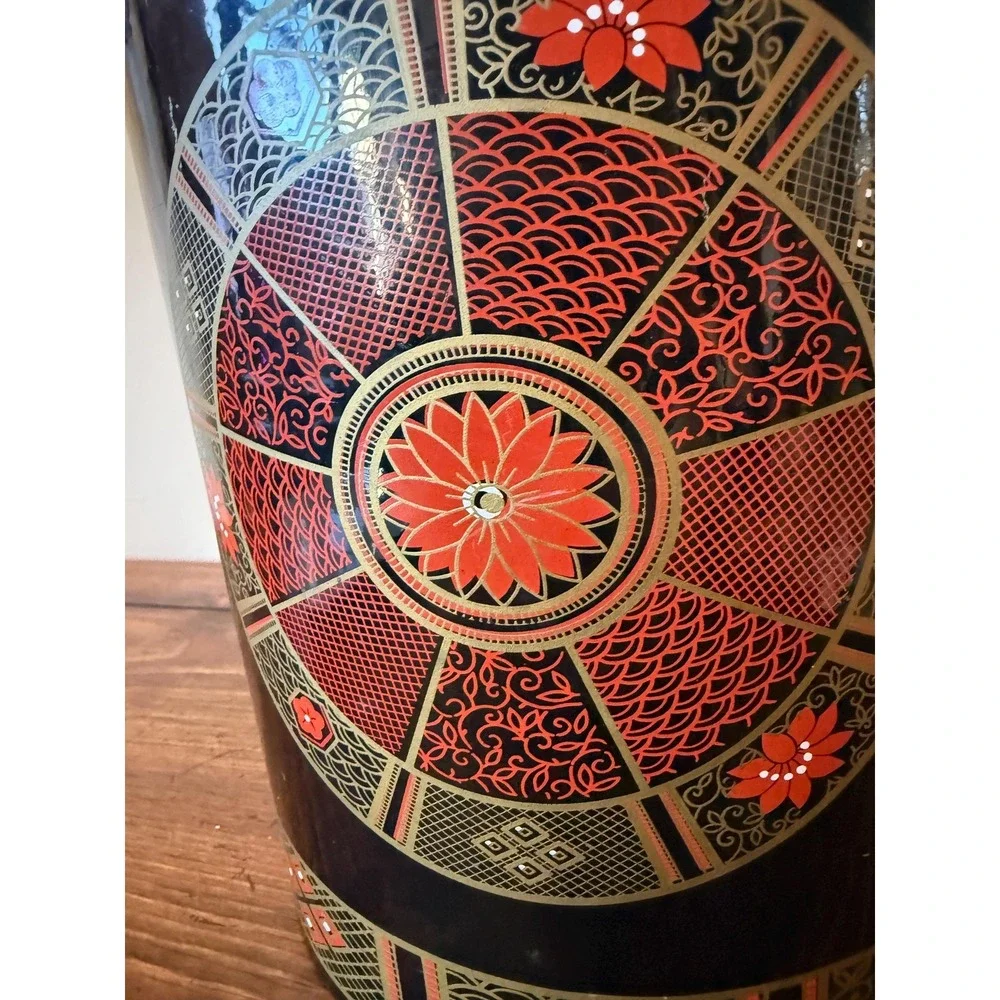 Vintage Chinoiserie Ice Bucket Faux Bamboo Handle Red and Black Intricate Design